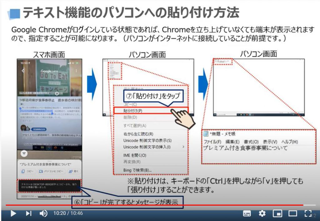 テキスト機能のパソコンへの貼り付け方法