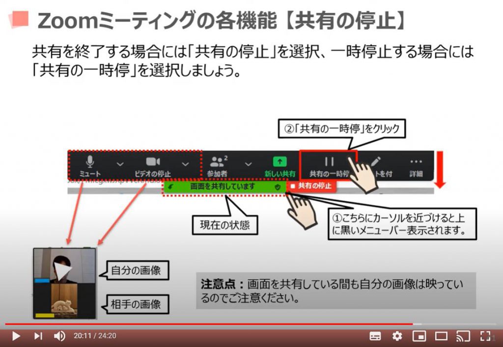 Zoom（ズーム）ミーティングの各機能：共有の停止