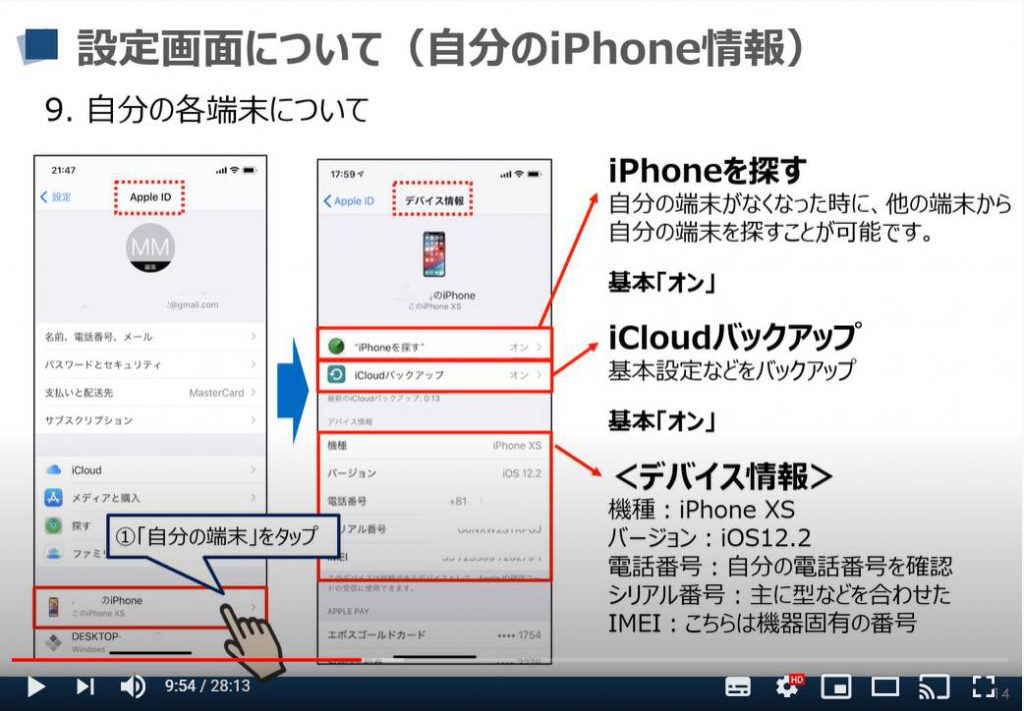 iPhone等のiOS端末の設定画面：Apple IDに紐付く各端末について