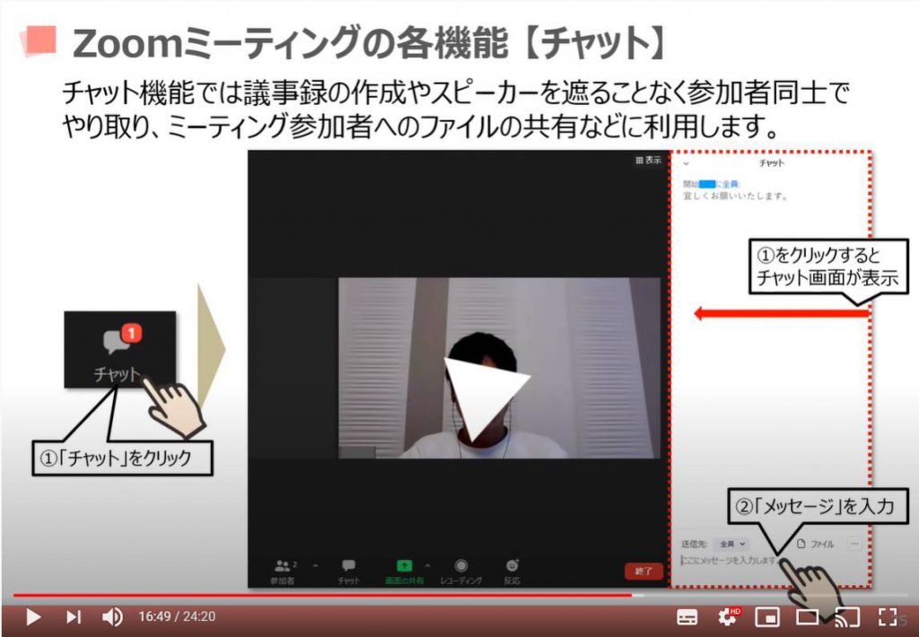 Zoom（ズーム）ミーティングの各機能：チャットの操作方法