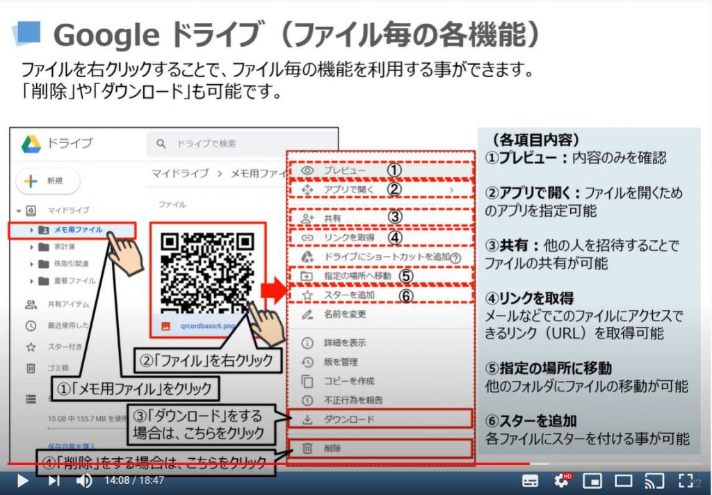 Googleドライブ：ファイル毎の各機能