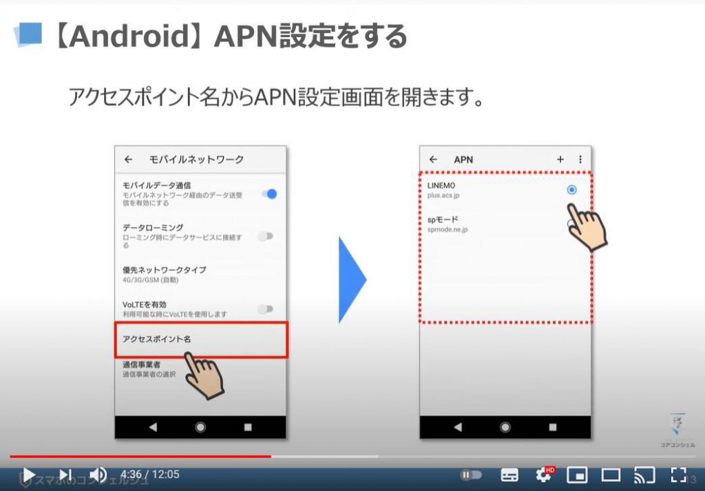 「LINEMO（ラインモ）の乗換手続き」回線切り替え・APN設定、My Menuの初期設定：LINEMO（ラインモ）の初期設定：Android端末のAPN設定