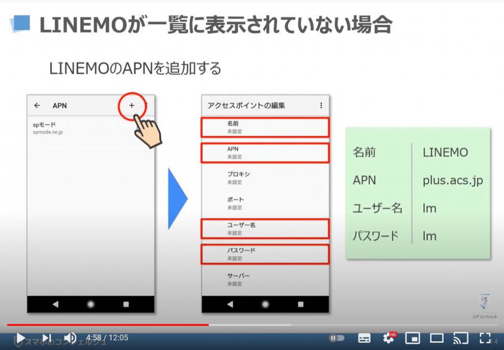 「LINEMO（ラインモ）の乗換手続き」回線切り替え・APN設定、My Menuの初期設定：LINEMO（ラインモ）の初期設定：Android端末のAPN設定