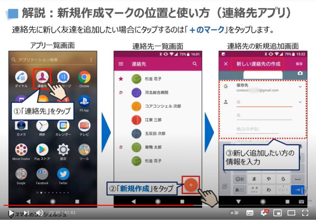 スマホのマーク（記号・アイコン）の掲載箇所｜意味｜使い方：新規作成マークの位置と使い方（連絡先アプリ）
