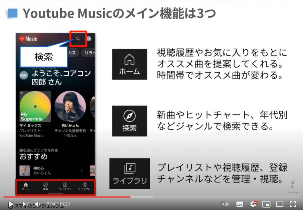 YouTube Musicの使い方：SYouTube Musicの基本操作（3つのメイン機能）