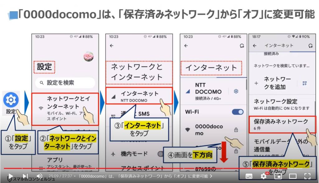 「d Wi-Fi」のメリットと使い方：「0000docomo」は、「保存済みネットワーク」から「オフ」に変更可能