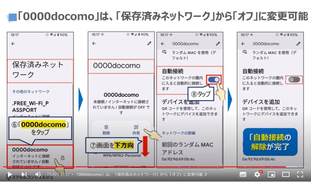 「d Wi-Fi」のメリットと使い方：「0000docomo」は、「保存済みネットワーク」から「オフ」に変更可能