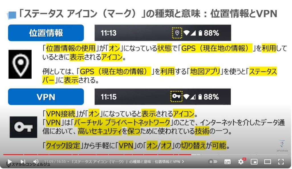 スマホで最も重要なマーク（アイコン）の種類と意味：「ステータス アイコン（マーク）」の種類と意味：位置情報とVPN