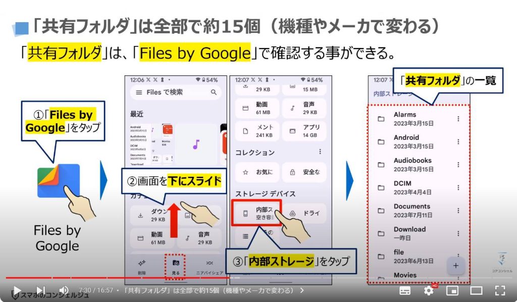 アプリ内に「保存したデータ」を移動する方法：「共有フォルダ」は全部で約15個（機種やメーカで変わる場合も）