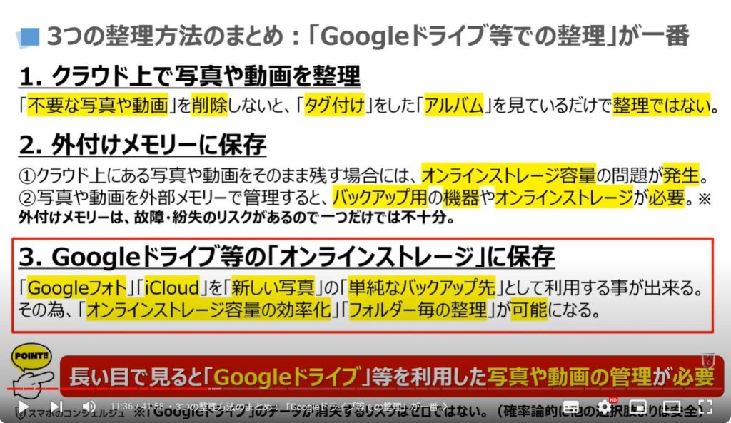 iCloud写真/Googleフォトの3つの整理方法：3つの整理方法のまとめ「Googleドライブ等での整理」が一番