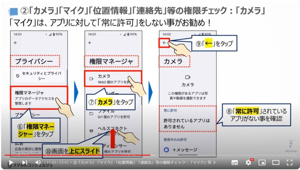 情報流出を防ぐ：②「カメラ」「マイク」「位置情報」「連絡先」等の権限チェック：「カメラ」