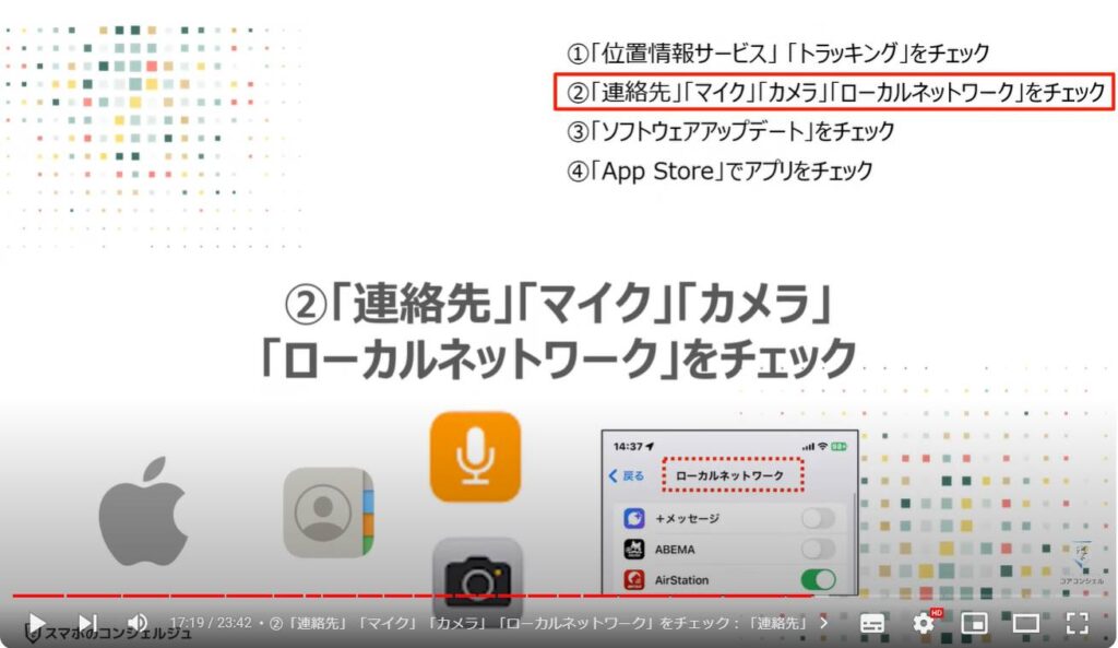 情報流出を防ぐ： ②「連絡先」「マイク」「カメラ」「ローカルネットワーク」をチェック