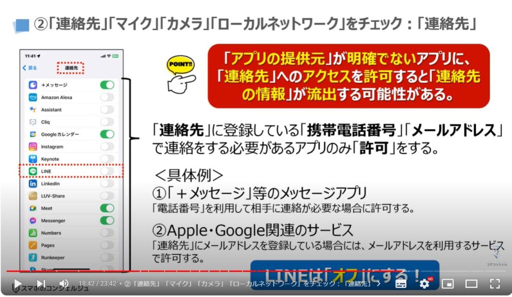 情報流出を防ぐ： ②「連絡先」「マイク」「カメラ」「ローカルネットワーク」をチェック：「連絡先」