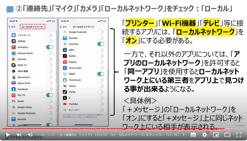 情報流出を防ぐ：②「連絡先」「マイク」「カメラ」「ローカルネットワーク」をチェック：「ローカル」