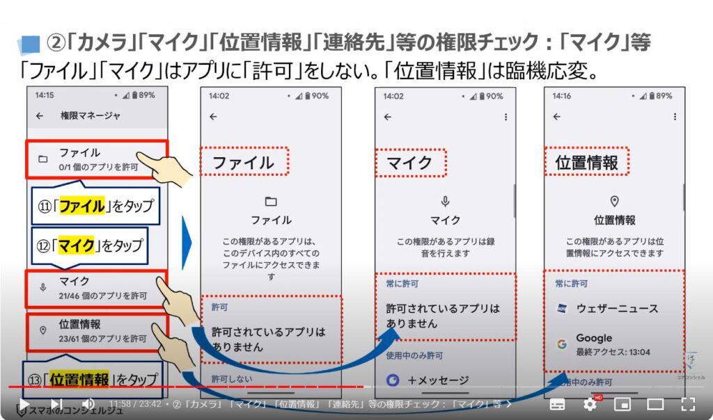 情報流出を防ぐ：②「カメラ」「マイク」「位置情報」「連絡先」等の権限チェック：「マイク」等