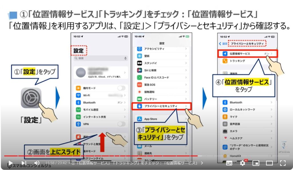 情報流出を防ぐ： ①「位置情報サービス」「トラッキング」をチェック：「位置情報サービス」