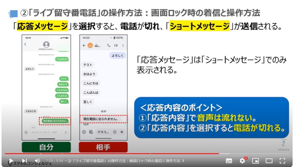 iPhoneの留守番電話：②「ライブ留守番電話」の操作方法：画面ロック時の着信と操作方法