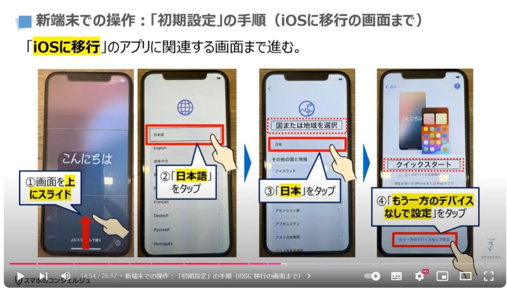 スマホのデータ移行（Android→iPhone）：新端末での操作：「初期設定」の手順（iOSに移行の画面まで）