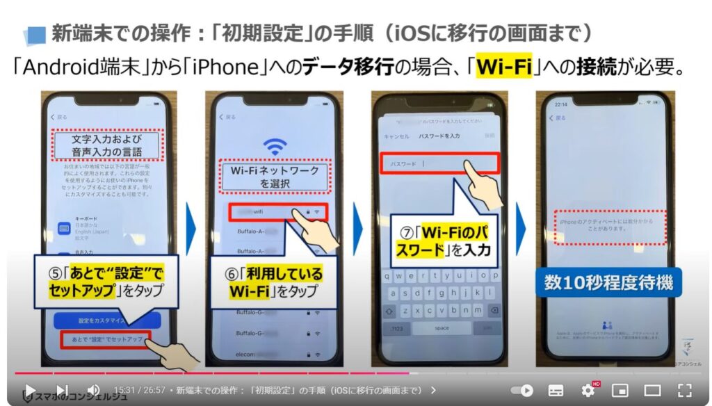 スマホのデータ移行（Android→iPhone）：新端末での操作：「初期設定」の手順（iOSに移行の画面まで）