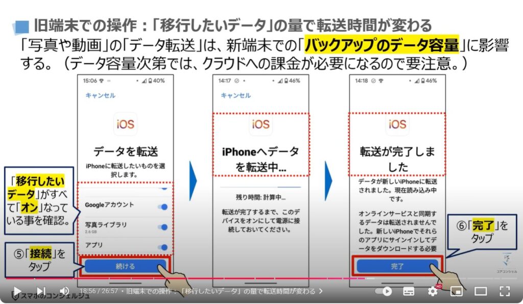 スマホのデータ移行（Android→iPhone）：旧端末での操作「移行したいデータ」の量で転送時間が変わる