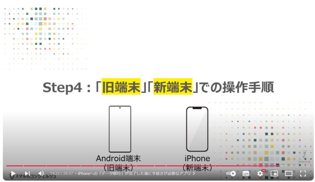 スマホのデータ移行（Android→iPhone）：Step4「旧端末」「新端末」での操作手順