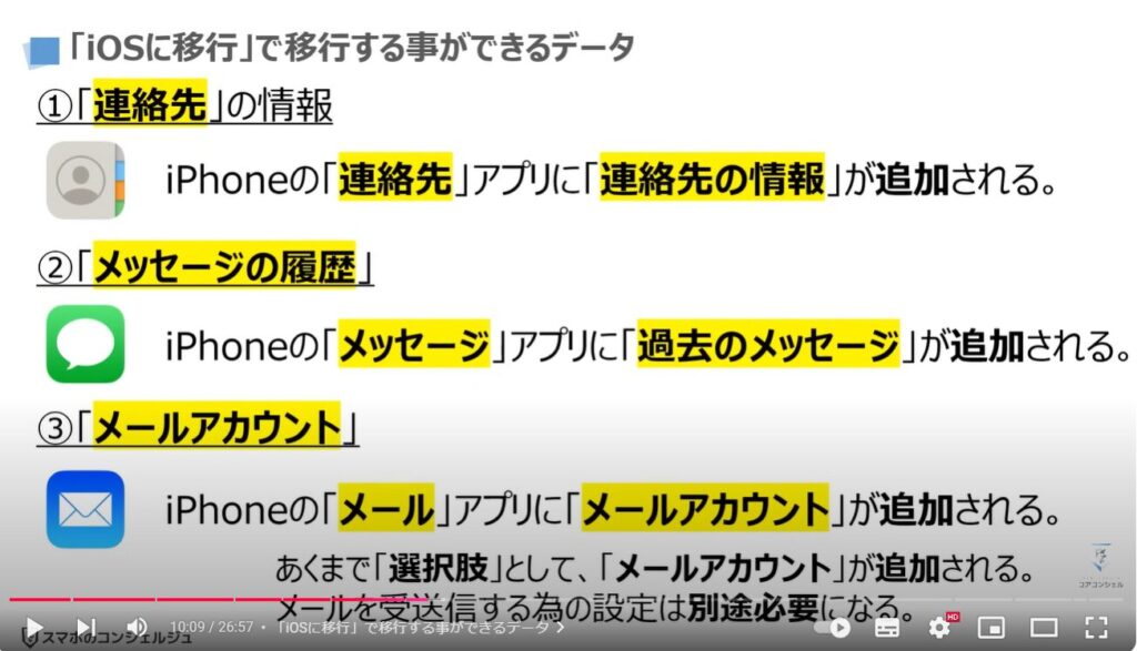 スマホのデータ移行（Android→iPhone）：「iOSに移行」で移行する事ができるデータ