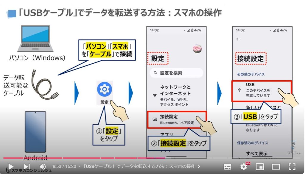 パソコンからスマホにデータ転送：「USBケーブル」でデータを転送する方法：スマホの操作