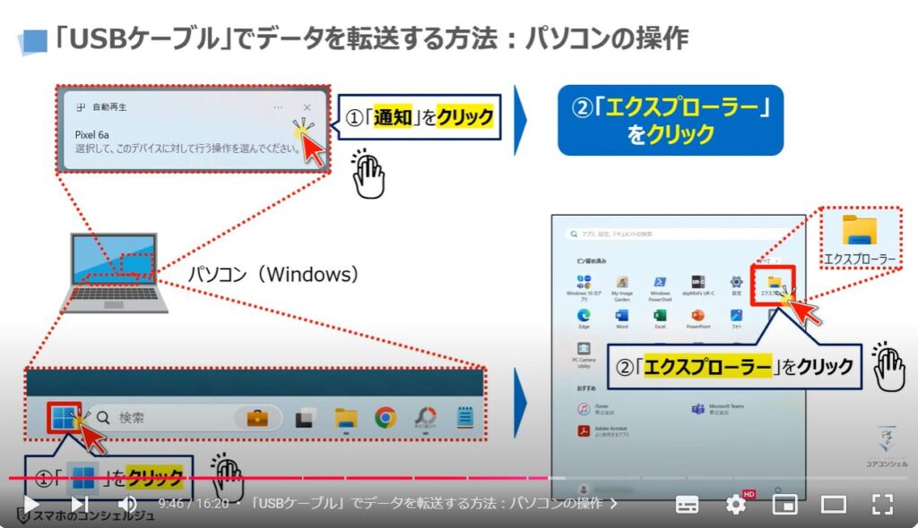 パソコンからスマホにデータ転送：「USBケーブル」でデータを転送する方法：パソコンの操作