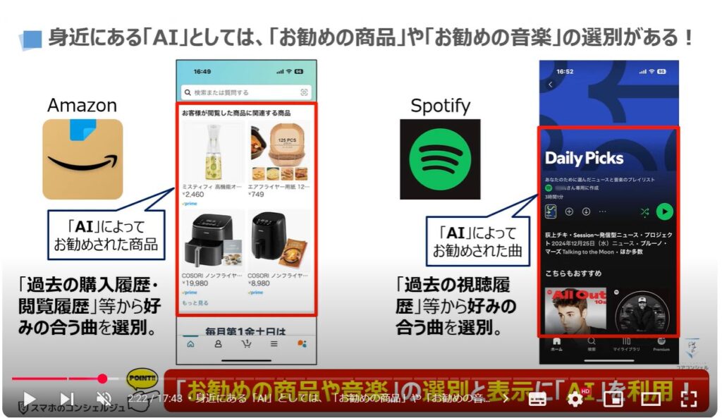 「AI」と「話題のAI」の違い：身近にある「AI」としては、「お勧めの商品」や「お勧めの音楽」の選別がある！