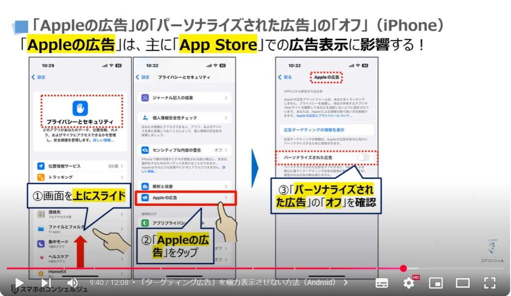 会話内容が広告に表示される仕組み：「Appleの広告」の「パーソナライズされた広告」の「オフ」（iPhone）