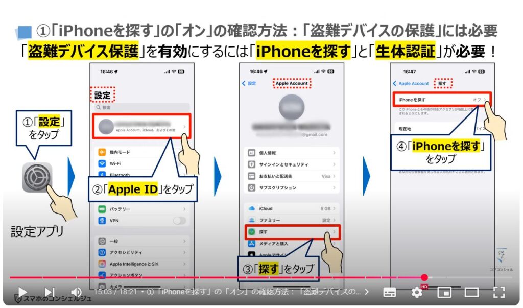 スマホの盗難保護機能：①「iPhoneを探す」の「オン」の確認方法：「盗難デバイスの保護」には必要