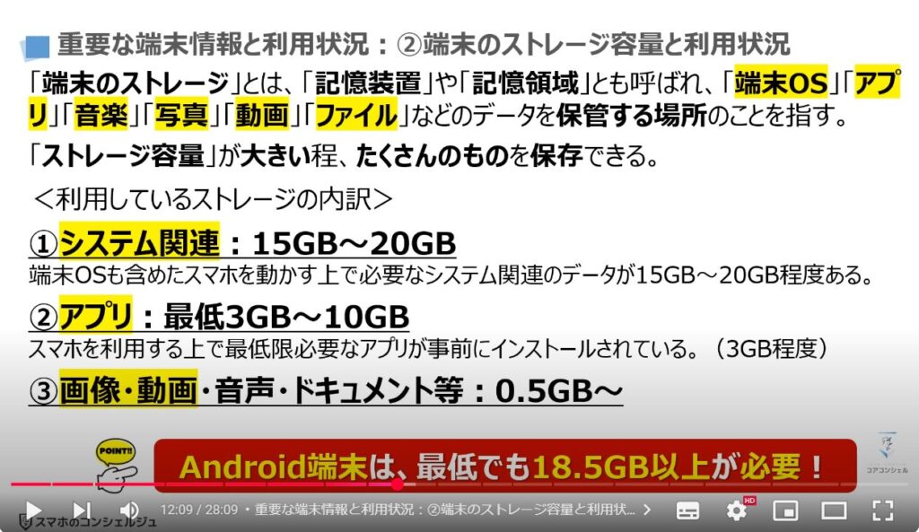 スマホの状態と最適な利用状況：重要な端末情報と利用状況：②端末のストレージ容量と利用状況