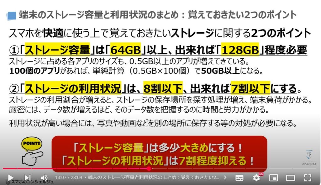 スマホの状態と最適な利用状況：端末のストレージ容量と利用状況のまとめ：覚えておきたい2つのポイント