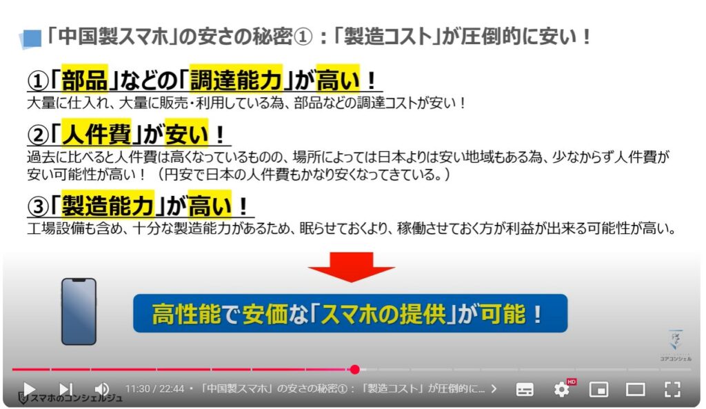 中国製スマホの危険性：「中国製スマホ」の安さの秘密①：「製造コスト」が圧倒的に安い！