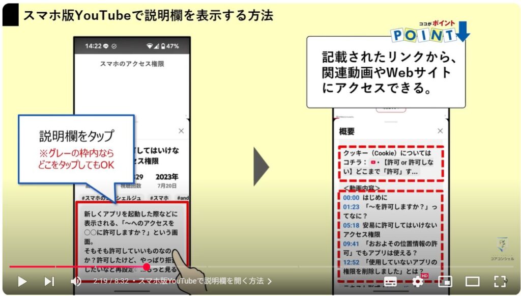 YouTube概要欄の表示方法：スマホ版YouTubeで説明欄を開く方法