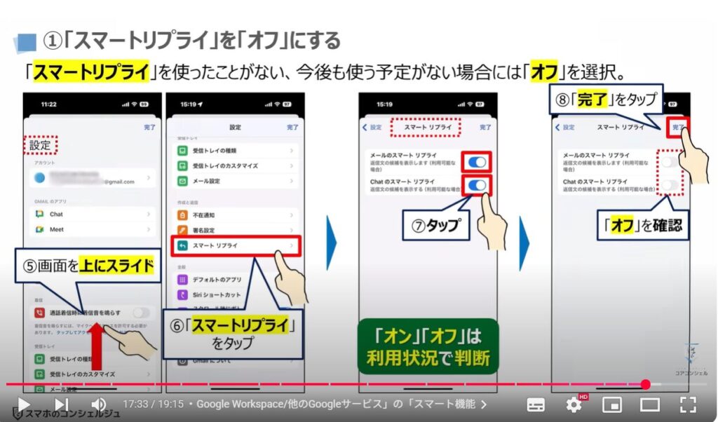 「Gmail」の「スマート機能」「Google Worksplaceのスマート機能」:「スマートリプライ」を「オフ」にする
