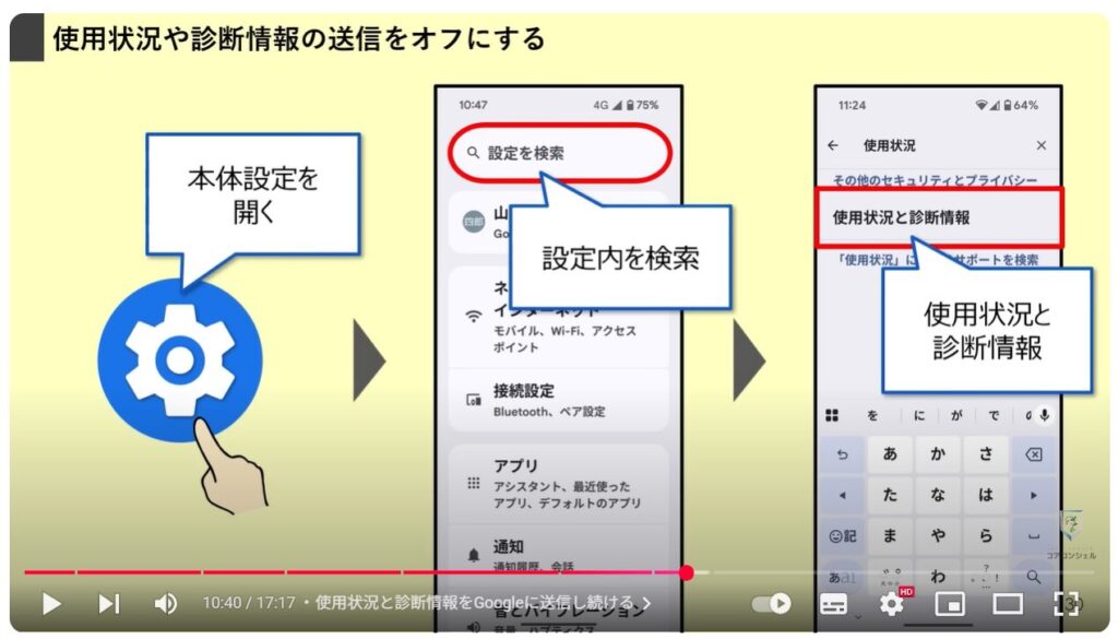 Androidスマホのやってはいけない設定9選：使用状況と診断情報をGoogleに送信し続ける