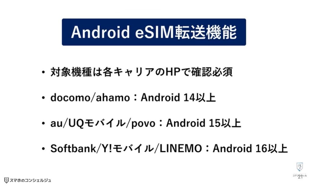 物理SIMとeSIMの違い:eSIMの転送機能に対応した機種とiOS/Android要件