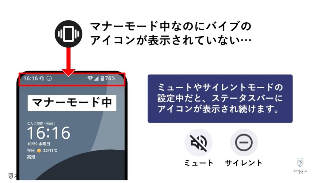 AQUOSシリーズのスマホのおすすめ設定：マナーモードのアイコンを表示する方法