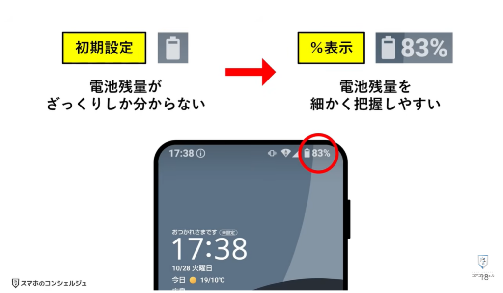 AQUOSシリーズのスマホのおすすめ設定：バッテリー残量を％表示