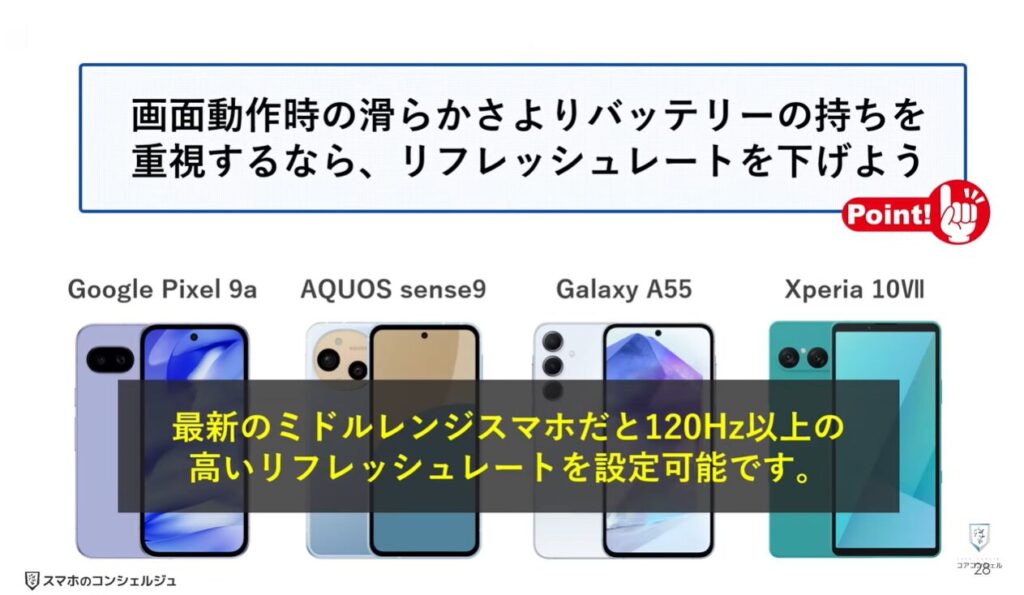AQUOSシリーズのスマホのおすすめ設定：リフレッシュレートの変更