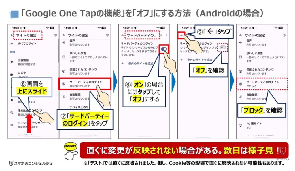 Googleのポップアップの正体（危険な理由と表示させない方法）：「Google One Tapの機能」を「オフ」にする方法（Androidの場合）