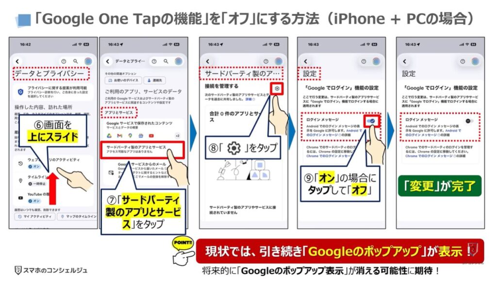Googleのポップアップの正体（危険な理由と表示させない方法）：「Google One Tapの機能」を「オフ」にする方法（iPhone + PCの場合）