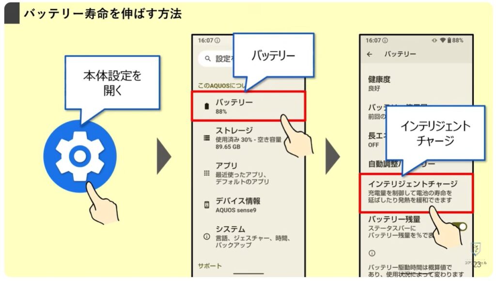 AQUOSシリーズのスマホのおすすめ設定:電池の最適化