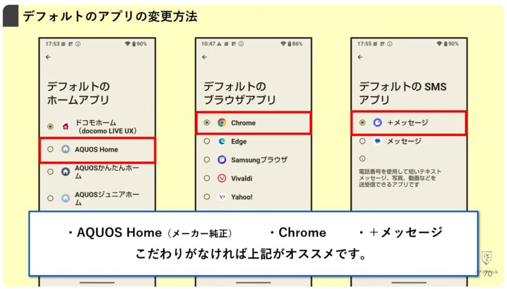 AQUOSシリーズのスマホのおすすめ設定:デフォルトのアプリの変更