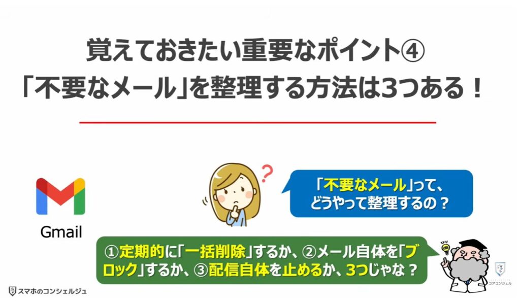 Gmailの大掃除（不要なメールの登録解除と一括削除）：覚えておきたい重要なポイント④「不要なメール」を整理する方法は3つある！