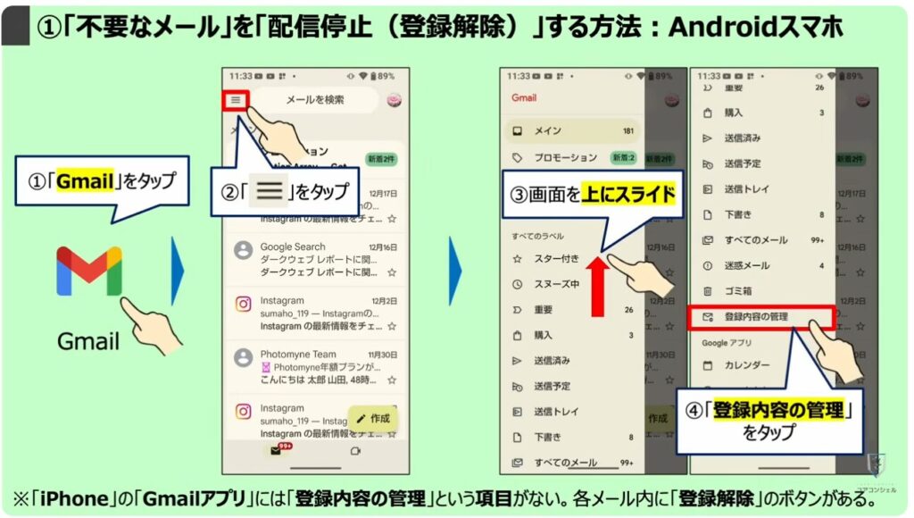 Gmailの大掃除（不要なメールの登録解除と一括削除）：①「不要なメール」を「配信停止（登録解除）」する方法：Androidスマホ