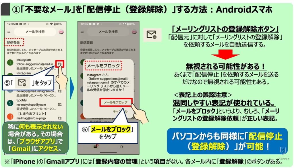 Gmailの大掃除（不要なメールの登録解除と一括削除）：①「不要なメール」を「配信停止（登録解除）」する方法：Androidスマホ