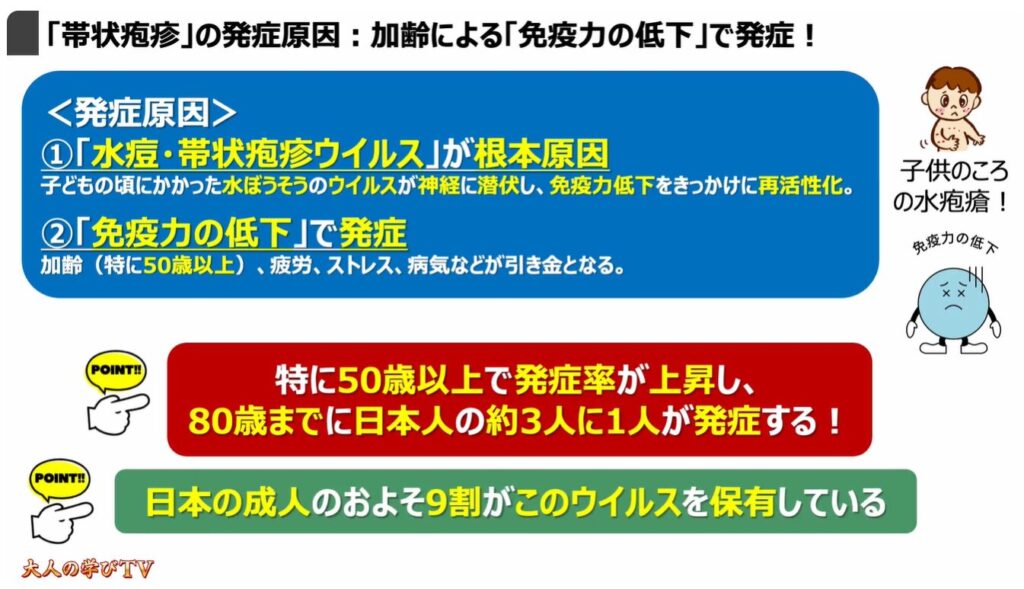 50歳以上で3人に1人が発症（帯状疱疹）：「帯状疱疹」の発症原因：加齢による「免疫力の低下」で発症！