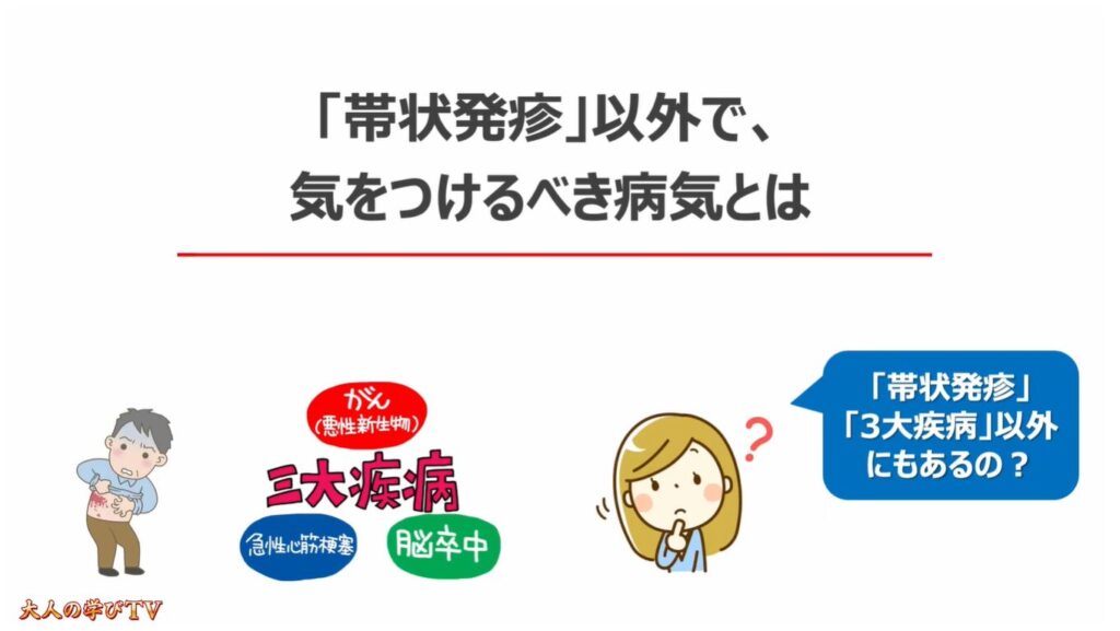 50歳以上で3人に1人が発症（帯状疱疹）：「帯状発疹」以外で、気をつけるべき病気とは
